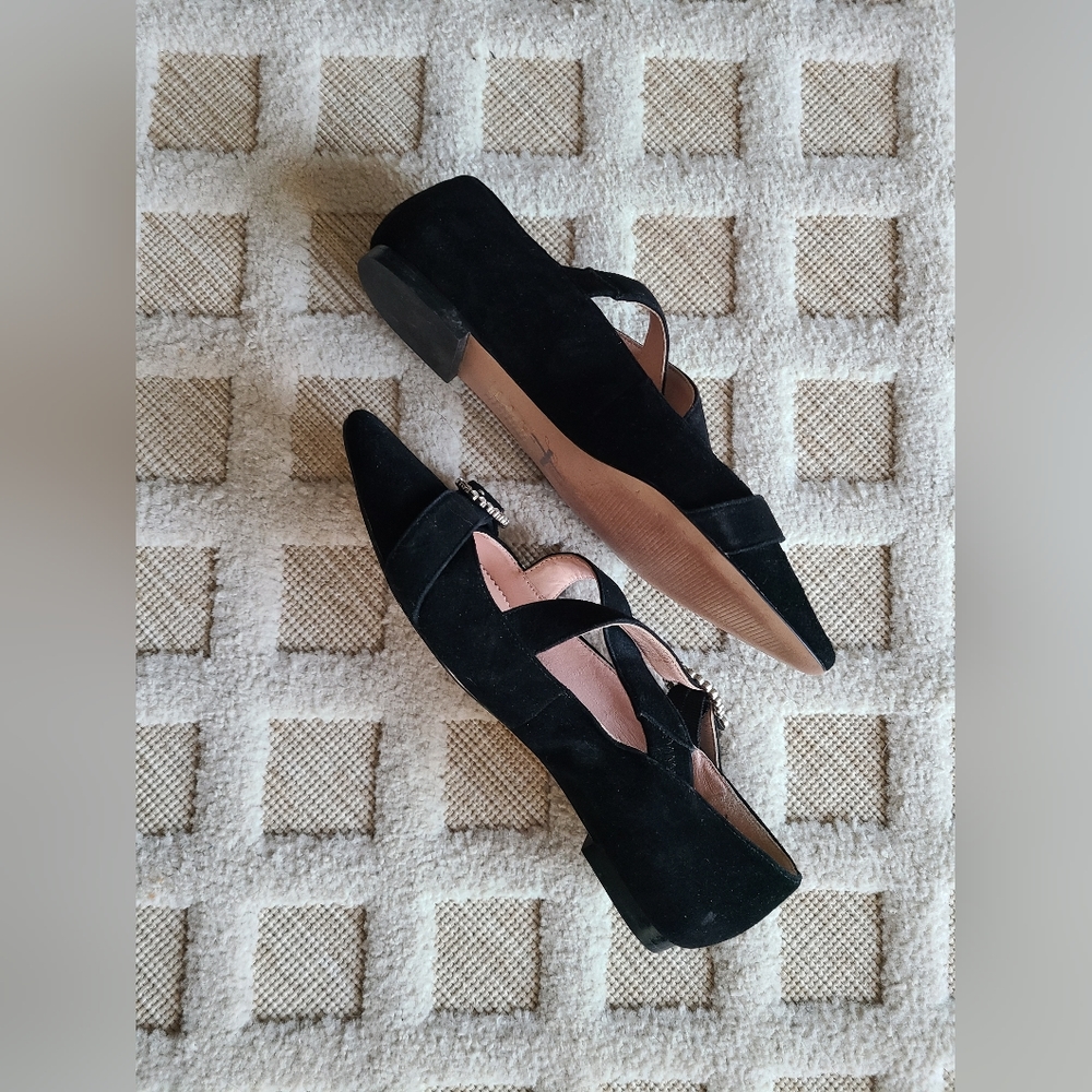 J.Crew Marina Black Suede Criss Cross Ballet Flats Rhinestones & Pearls Size 7 - Picture 8 of 9